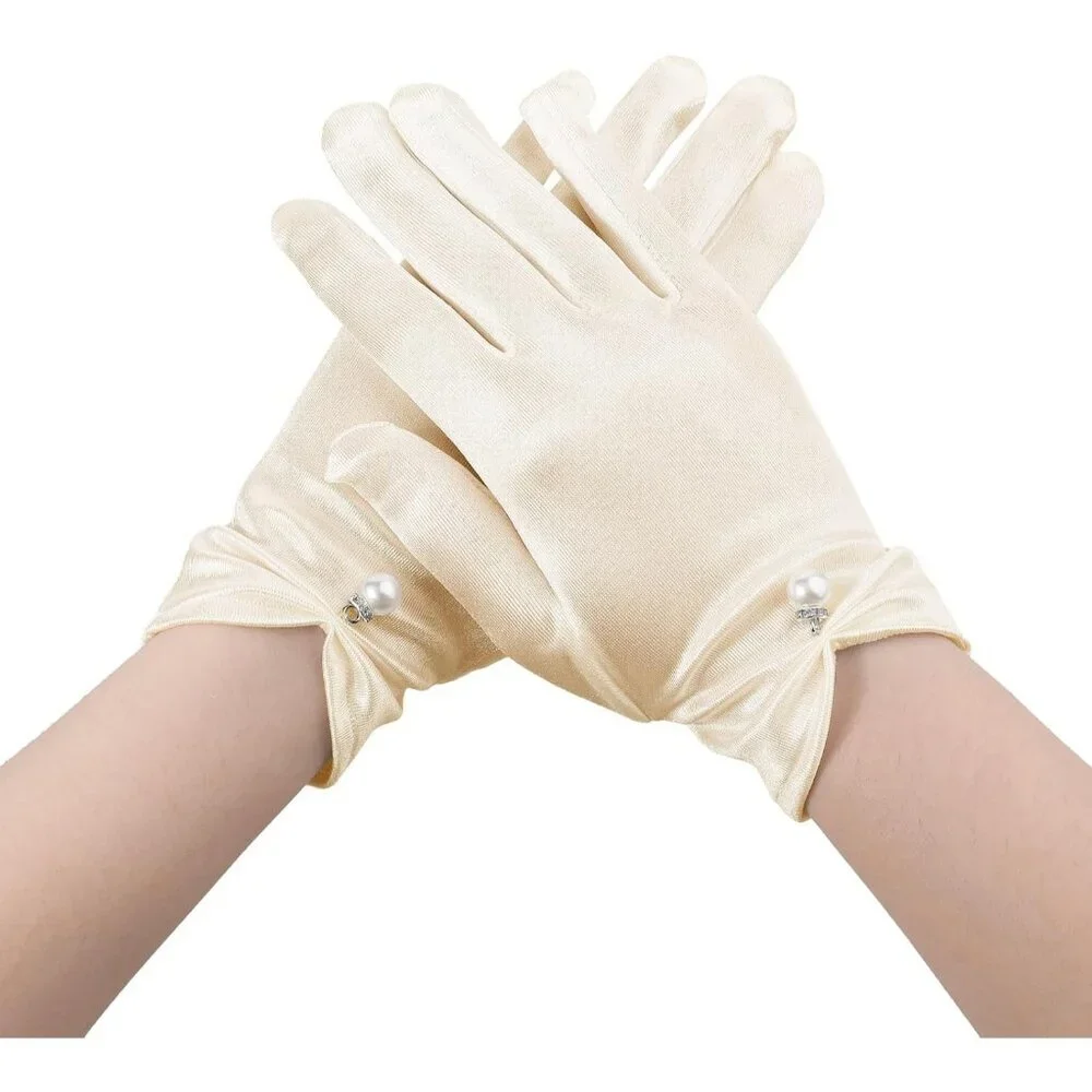 Women's Satin Short Length Pearl Gloves Cream Banquet Wedding Party Costume